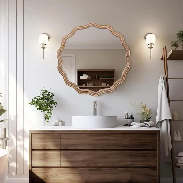 Alt view image 4 of 7 - 23.62 inches Wood Round Wavy Wall Mirror Round Wall Mirror Scalloped Mirror -Large Decorative Wood Framed Hanging Circle Mirror Modern Farmhouse Decor for Bathroom,Living Room, Nursery Decor