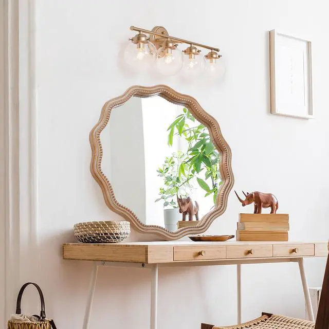 Alt view image 6 of 7 - 23.62 inches Wood Round Wavy Wall Mirror Round Wall Mirror Scalloped Mirror -Large Decorative Wood Framed Hanging Circle Mirror Modern Farmhouse Decor for Bathroom,Living Room, Nursery Decor