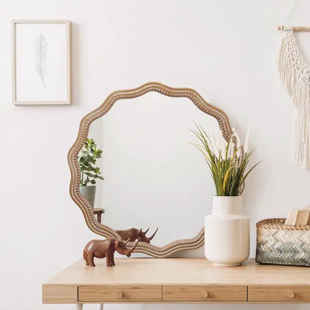 Alt view image 5 of 7 - 23.62 inches Wood Round Wavy Wall Mirror Round Wall Mirror Scalloped Mirror -Large Decorative Wood Framed Hanging Circle Mirror Modern Farmhouse Decor for Bathroom,Living Room, Nursery Decor