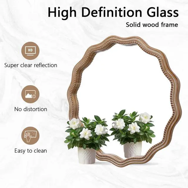Alt view image 7 of 7 - 23.62 inches Wood Round Wavy Wall Mirror Round Wall Mirror Scalloped Mirror -Large Decorative Wood Framed Hanging Circle Mirror Modern Farmhouse Decor for Bathroom,Living Room, Nursery Decor