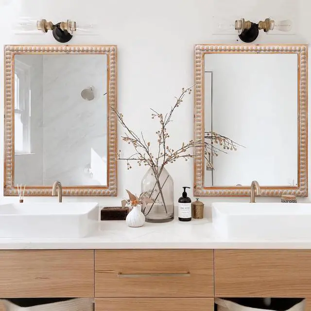 Alt view image 2 of 7 - 22x30 Inches Wood Framed Mirrors for Bathroom,Wooden Frame Wall Mirror Farmhouse Wall Mounted Rectangle Mirror for Vanity (Horizontal/Vertical) with beading