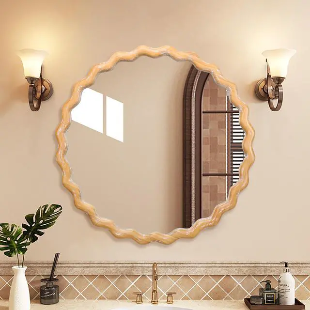 Main image of 27.5 inches Round wavy Wall Mirror for Bathroom Vanity, Wooden Farmhouse Circle Mirrors for Bedroom, Entryway, Living Room, Kithen Whitewash Edge Decorative Mirror for Home, Office