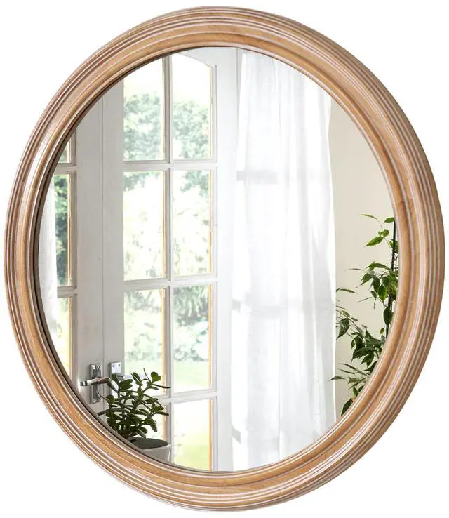 Main image of 27.5 inches Round Wall Mirror for Bathroom Vanity, Wooden Farmhouse Circle Mirrors for Bedroom, Entryway, Living Room, Kithen Whitewash Edge Decorative Mirror for Home, Office
