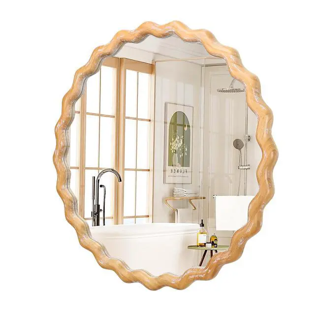 Alt view image 5 of 7 - 27.5 inches Round wavy Wall Mirror for Bathroom Vanity, Wooden Farmhouse Circle Mirrors for Bedroom, Entryway, Living Room, Kithen Whitewash Edge Decorative Mirror for Home, Office