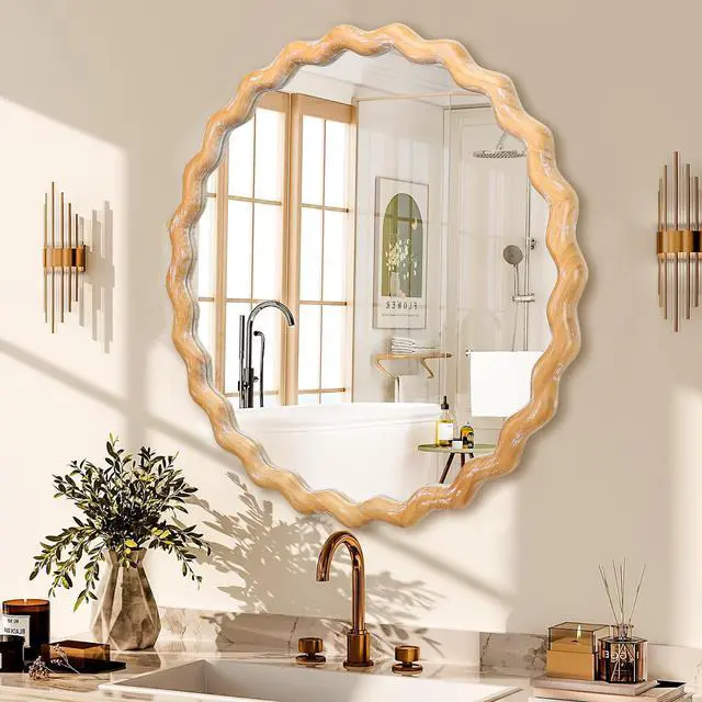 Alt view image 2 of 7 - 27.5 inches Round wavy Wall Mirror for Bathroom Vanity, Wooden Farmhouse Circle Mirrors for Bedroom, Entryway, Living Room, Kithen Whitewash Edge Decorative Mirror for Home, Office