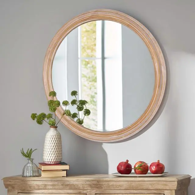 Alt view image 2 of 7 - 27.5 inches Round Wall Mirror for Bathroom Vanity, Wooden Farmhouse Circle Mirrors for Bedroom, Entryway, Living Room, Kithen Whitewash Edge Decorative Mirror for Home, Office