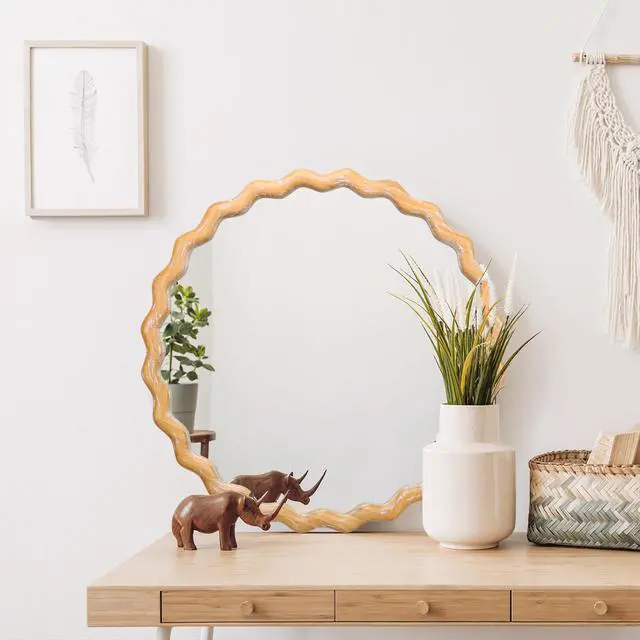 Alt view image 3 of 7 - 27.5 inches Round wavy Wall Mirror for Bathroom Vanity, Wooden Farmhouse Circle Mirrors for Bedroom, Entryway, Living Room, Kithen Whitewash Edge Decorative Mirror for Home, Office