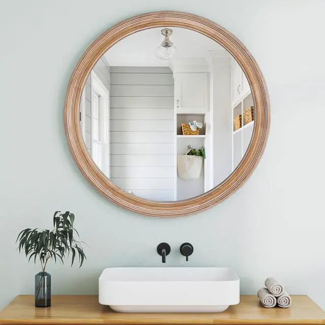Alt view image 4 of 7 - 27.5 inches Round Wall Mirror for Bathroom Vanity, Wooden Farmhouse Circle Mirrors for Bedroom, Entryway, Living Room, Kithen Whitewash Edge Decorative Mirror for Home, Office