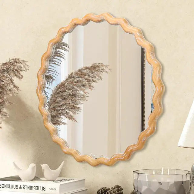 Alt view image 4 of 7 - 27.5 inches Round wavy Wall Mirror for Bathroom Vanity, Wooden Farmhouse Circle Mirrors for Bedroom, Entryway, Living Room, Kithen Whitewash Edge Decorative Mirror for Home, Office