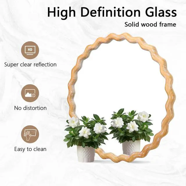 Alt view image 7 of 7 - 27.5 inches Round wavy Wall Mirror for Bathroom Vanity, Wooden Farmhouse Circle Mirrors for Bedroom, Entryway, Living Room, Kithen Whitewash Edge Decorative Mirror for Home, Office