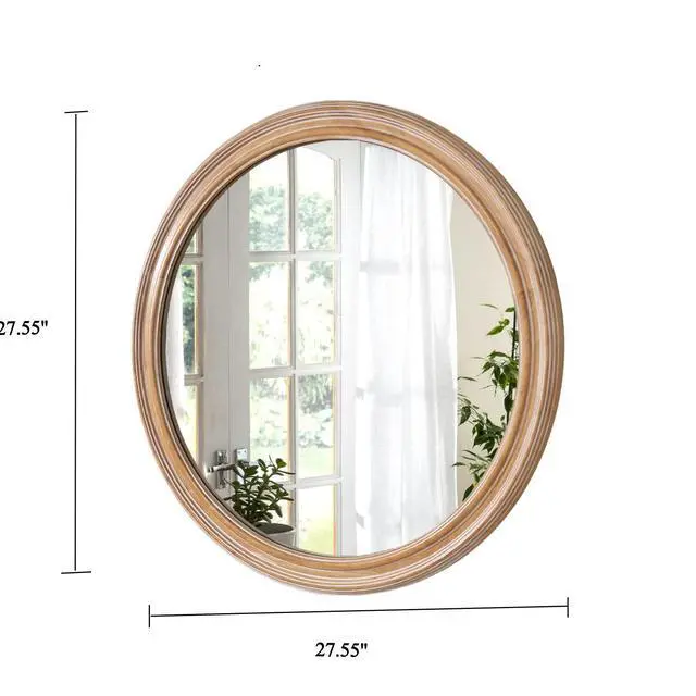 Alt view image 3 of 7 - 27.5 inches Round Wall Mirror for Bathroom Vanity, Wooden Farmhouse Circle Mirrors for Bedroom, Entryway, Living Room, Kithen Whitewash Edge Decorative Mirror for Home, Office