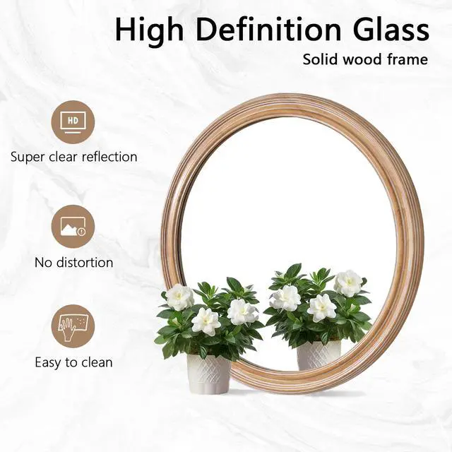 Alt view image 6 of 7 - 27.5 inches Round Wall Mirror for Bathroom Vanity, Wooden Farmhouse Circle Mirrors for Bedroom, Entryway, Living Room, Kithen Whitewash Edge Decorative Mirror for Home, Office