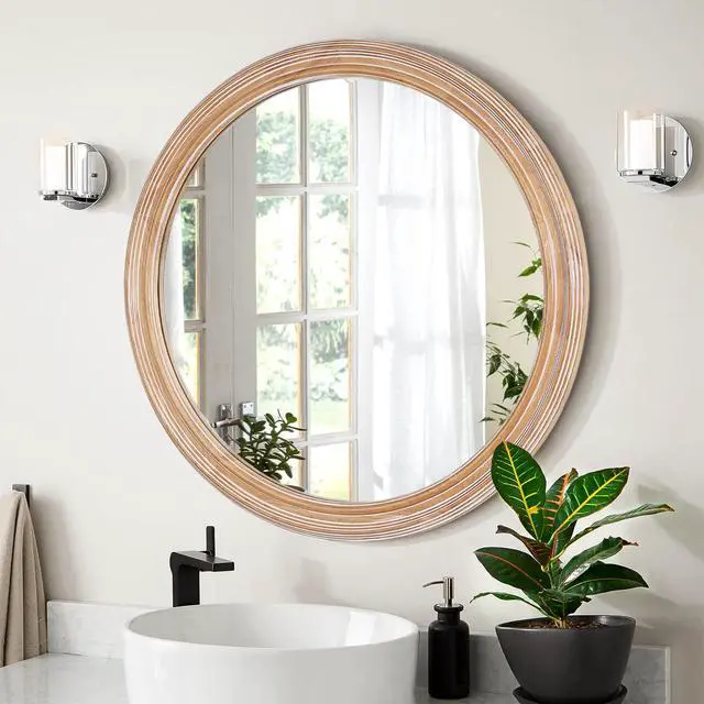 Alt view image 5 of 7 - 27.5 inches Round Wall Mirror for Bathroom Vanity, Wooden Farmhouse Circle Mirrors for Bedroom, Entryway, Living Room, Kithen Whitewash Edge Decorative Mirror for Home, Office