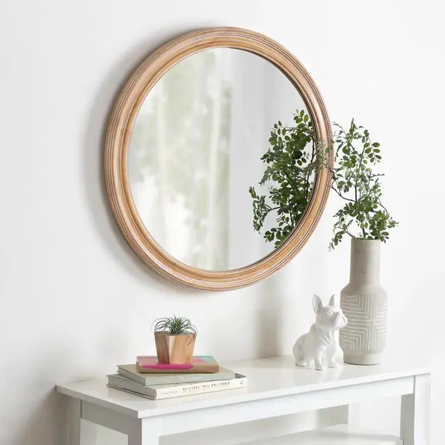 Alt view image 7 of 7 - 27.5 inches Round Wall Mirror for Bathroom Vanity, Wooden Farmhouse Circle Mirrors for Bedroom, Entryway, Living Room, Kithen Whitewash Edge Decorative Mirror for Home, Office