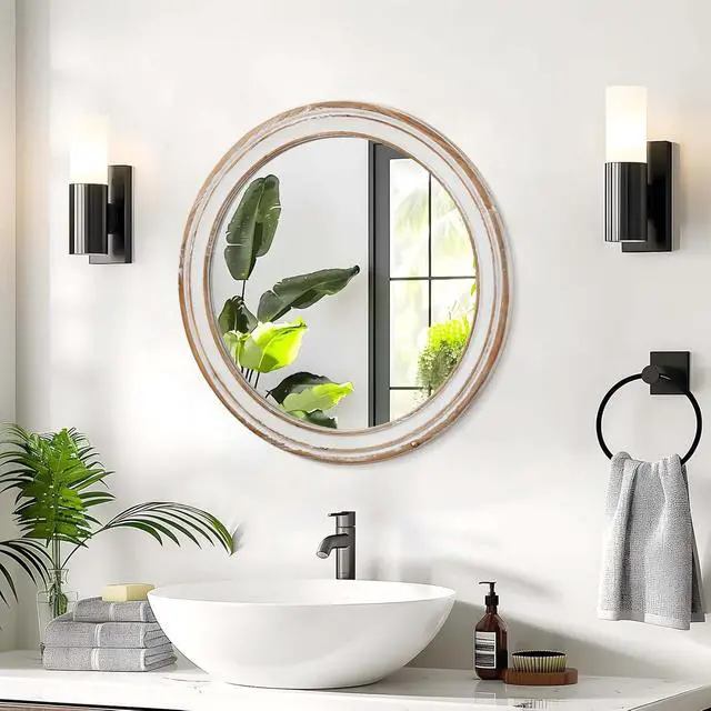 Alt view image 5 of 7 - 27.5 inches Round Wall Mirror for Bathroom Vanity, Wooden Farmhouse Circle Mirrors for Bedroom, Entryway, Living Room, Kithen Whitewash Edge Decorative Mirror for Home, Office