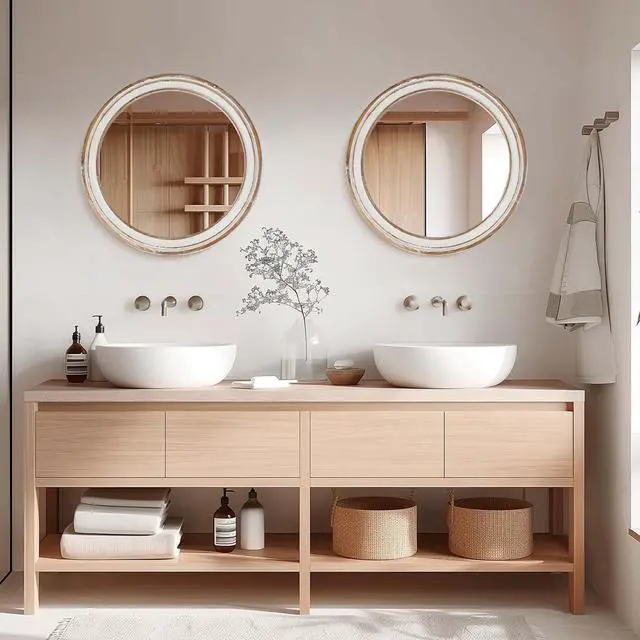Alt view image 4 of 7 - 27.5 inches Round Wall Mirror for Bathroom Vanity, Wooden Farmhouse Circle Mirrors for Bedroom, Entryway, Living Room, Kithen Whitewash Edge Decorative Mirror for Home, Office