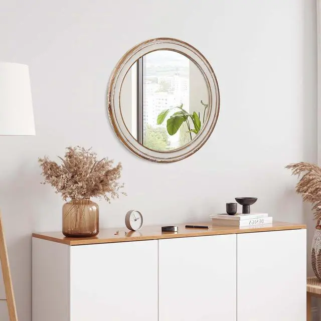 Alt view image 6 of 7 - 27.5 inches Round Wall Mirror for Bathroom Vanity, Wooden Farmhouse Circle Mirrors for Bedroom, Entryway, Living Room, Kithen Whitewash Edge Decorative Mirror for Home, Office