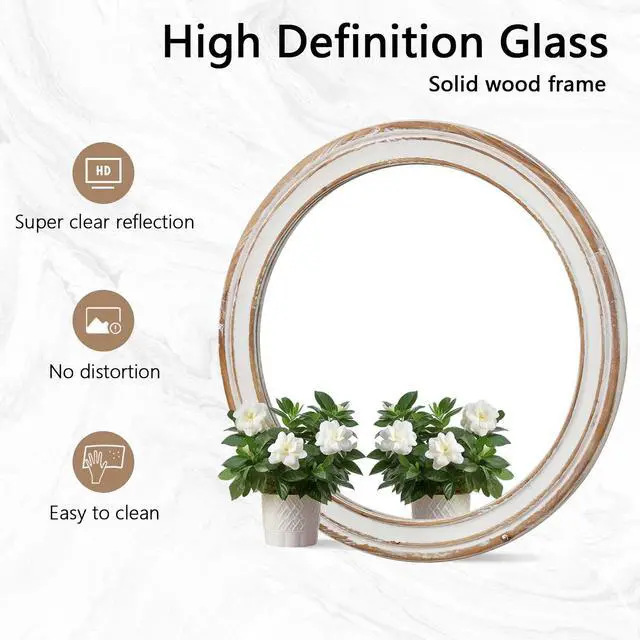 Alt view image 7 of 7 - 27.5 inches Round Wall Mirror for Bathroom Vanity, Wooden Farmhouse Circle Mirrors for Bedroom, Entryway, Living Room, Kithen Whitewash Edge Decorative Mirror for Home, Office
