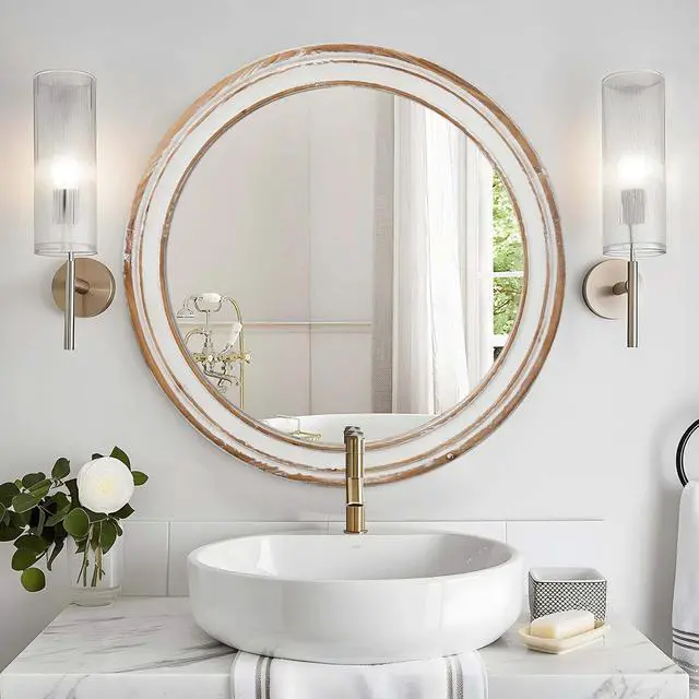 Alt view image 2 of 7 - 27.5 inches Round Wall Mirror for Bathroom Vanity, Wooden Farmhouse Circle Mirrors for Bedroom, Entryway, Living Room, Kithen Whitewash Edge Decorative Mirror for Home, Office