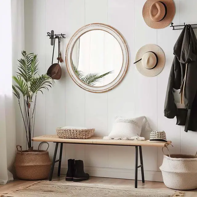 Main image of 27.5 inches Round Wall Mirror for Bathroom Vanity, Wooden Farmhouse Circle Mirrors for Bedroom, Entryway, Living Room, Kithen Whitewash Edge Decorative Mirror for Home, Office