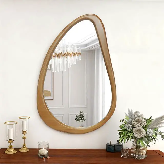 Main image of Modern Irregular Teardrop Wooden Wall Mirror, 29.92" x 20.08" Decorative Accent Mirror for Bathroom, Bedroom, Living Room, Mid-Century Home Decor
