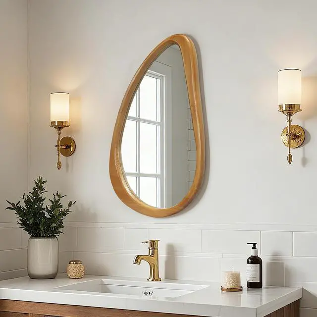 Alt view image 3 of 7 - Modern Irregular Teardrop Wooden Wall Mirror, 29.92" x 20.08" Decorative Accent Mirror for Bathroom, Bedroom, Living Room, Mid-Century Home Decor