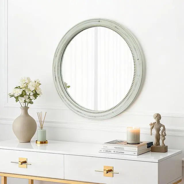 Alt view image 2 of 7 - Round Distressed White Wood Beaded Wall Mirror, 23.62" Farmhouse Vintage Accent Mirror for Bathroom, Bedroom, Entryway, Shabby Chic Decorative Mirror