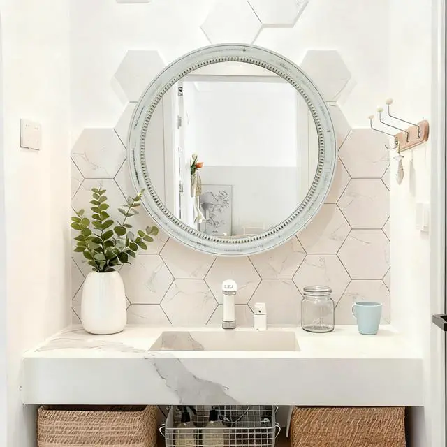 Alt view image 3 of 7 - Round Distressed White Wood Beaded Wall Mirror, 23.62" Farmhouse Vintage Accent Mirror for Bathroom, Bedroom, Entryway, Shabby Chic Decorative Mirror