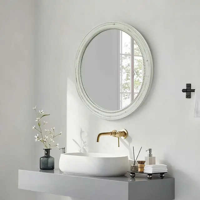 Alt view image 4 of 7 - Round Distressed White Wood Beaded Wall Mirror, 23.62" Farmhouse Vintage Accent Mirror for Bathroom, Bedroom, Entryway, Shabby Chic Decorative Mirror