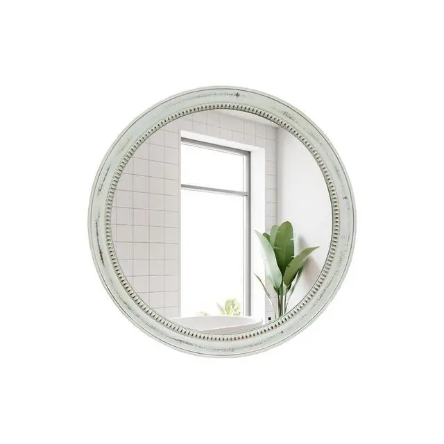Alt view image 5 of 7 - Round Distressed White Wood Beaded Wall Mirror, 23.62" Farmhouse Vintage Accent Mirror for Bathroom, Bedroom, Entryway, Shabby Chic Decorative Mirror