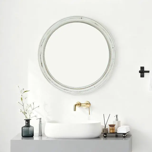 Alt view image 7 of 7 - Round Distressed White Wood Beaded Wall Mirror, 23.62" Farmhouse Vintage Accent Mirror for Bathroom, Bedroom, Entryway, Shabby Chic Decorative Mirror