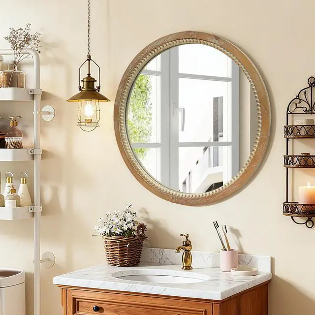 Main image of Round Distressed Wood Beaded Wall Mirror, 23.62" Farmhouse Vintage Accent Mirror for Bathroom, Bedroom, Entryway, Rustic Decorative Mirror
