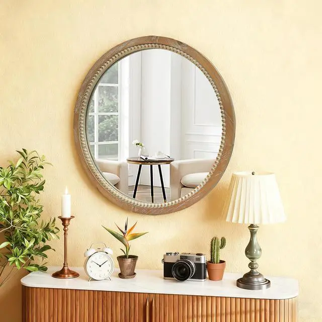 Alt view image 2 of 7 - Round Distressed Wood Beaded Wall Mirror, 23.62" Farmhouse Vintage Accent Mirror for Bathroom, Bedroom, Entryway, Rustic Decorative Mirror