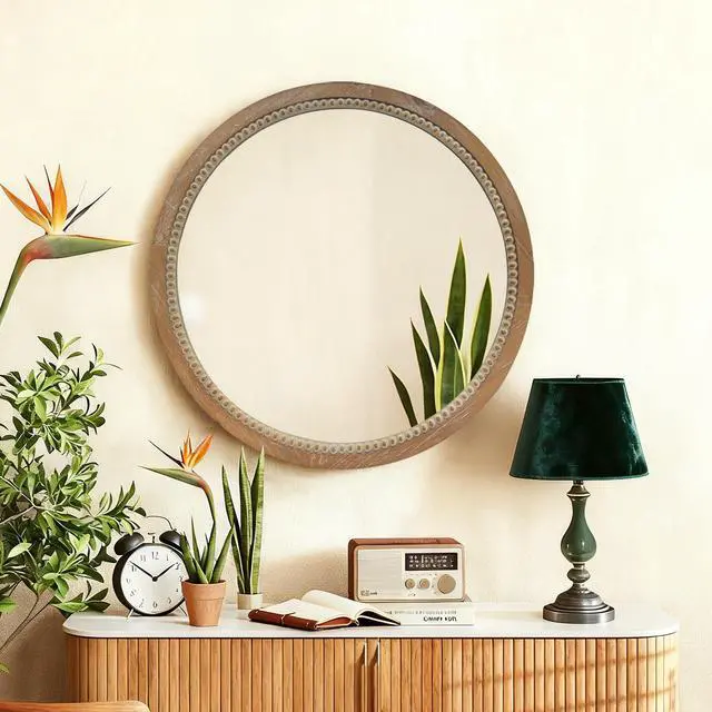 Alt view image 3 of 7 - Round Distressed Wood Beaded Wall Mirror, 23.62" Farmhouse Vintage Accent Mirror for Bathroom, Bedroom, Entryway, Rustic Decorative Mirror