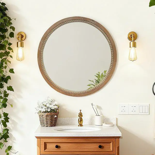 Alt view image 4 of 7 - Round Distressed Wood Beaded Wall Mirror, 23.62" Farmhouse Vintage Accent Mirror for Bathroom, Bedroom, Entryway, Rustic Decorative Mirror