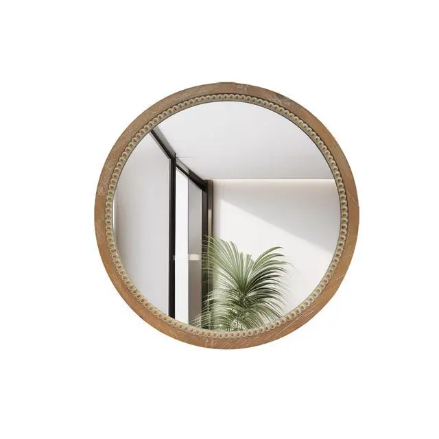 Alt view image 6 of 7 - Round Distressed Wood Beaded Wall Mirror, 23.62" Farmhouse Vintage Accent Mirror for Bathroom, Bedroom, Entryway, Rustic Decorative Mirror