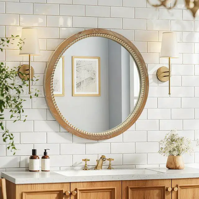 Alt view image 5 of 7 - Round Distressed Wood Beaded Wall Mirror, 23.62" Farmhouse Vintage Accent Mirror for Bathroom, Bedroom, Entryway, Rustic Decorative Mirror