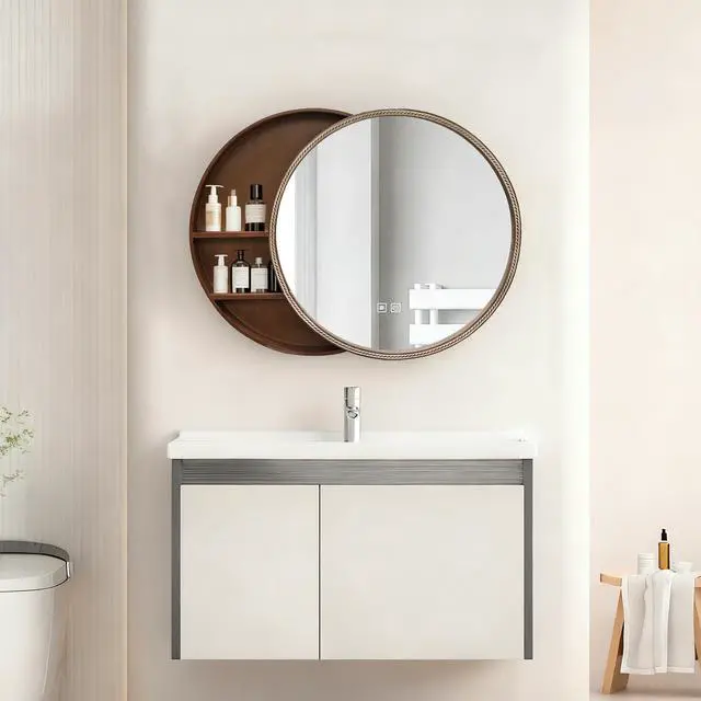Alt view image 3 of 7 - 23.62" Sliding Round Wall Mirror with Storage Shelves - 2-Tier Wooden Side Cabinet, Space-Saving Hanging Mirror for Bathroom Vanity, Bedroom & Entryway