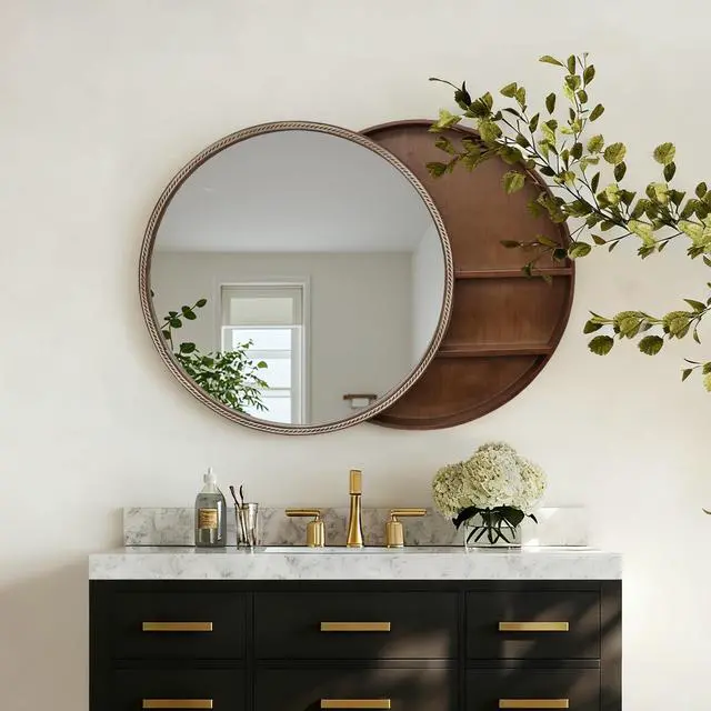Alt view image 2 of 7 - 23.62" Sliding Round Wall Mirror with Storage Shelves - 2-Tier Wooden Side Cabinet, Space-Saving Hanging Mirror for Bathroom Vanity, Bedroom & Entryway