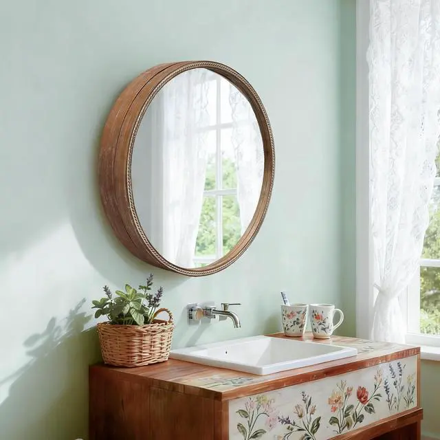 Alt view image 5 of 7 - 23.62" Sliding Round Wall Mirror with Storage Shelves - 2-Tier Wooden Side Cabinet, Space-Saving Hanging Mirror for Bathroom Vanity, Bedroom & Entryway