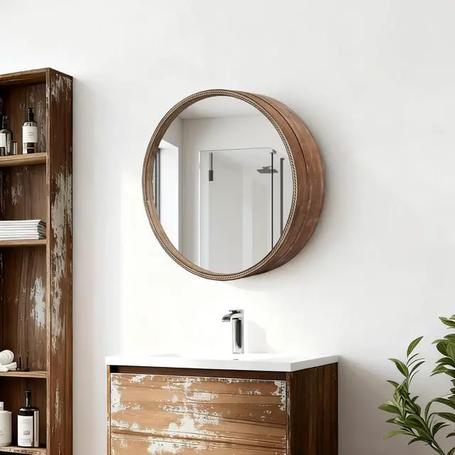 Alt view image 6 of 7 - 23.62" Sliding Round Wall Mirror with Storage Shelves - 2-Tier Wooden Side Cabinet, Space-Saving Hanging Mirror for Bathroom Vanity, Bedroom & Entryway