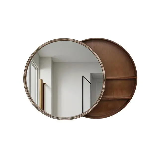 Alt view image 4 of 7 - 23.62" Sliding Round Wall Mirror with Storage Shelves - 2-Tier Wooden Side Cabinet, Space-Saving Hanging Mirror for Bathroom Vanity, Bedroom & Entryway