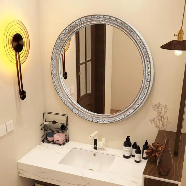 Alt view image 6 of 7 - Ornate Round Wall Mirror (23.62" x 23.62") - Distressed Silver-Gold Carved Frame, Decorative Hanging Mirror for Bathroom, Bedroom, Entryway & Living Room