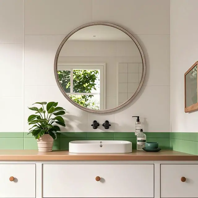 Alt view image 7 of 7 - 23.62" Sliding Round Wall Mirror with Storage Shelves - 2-Tier Wooden Side Cabinet, Space-Saving Hanging Mirror for Bathroom Vanity, Bedroom & Entryway