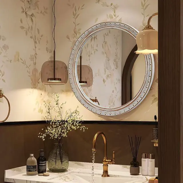 Alt view image 5 of 7 - Ornate Round Wall Mirror (23.62" x 23.62") - Distressed Silver-Gold Carved Frame, Decorative Hanging Mirror for Bathroom, Bedroom, Entryway & Living Room