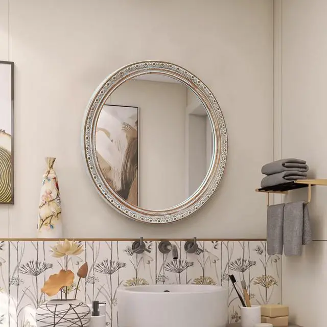 Alt view image 4 of 7 - Ornate Round Wall Mirror (23.62" x 23.62") - Distressed Silver-Gold Carved Frame, Decorative Hanging Mirror for Bathroom, Bedroom, Entryway & Living Room
