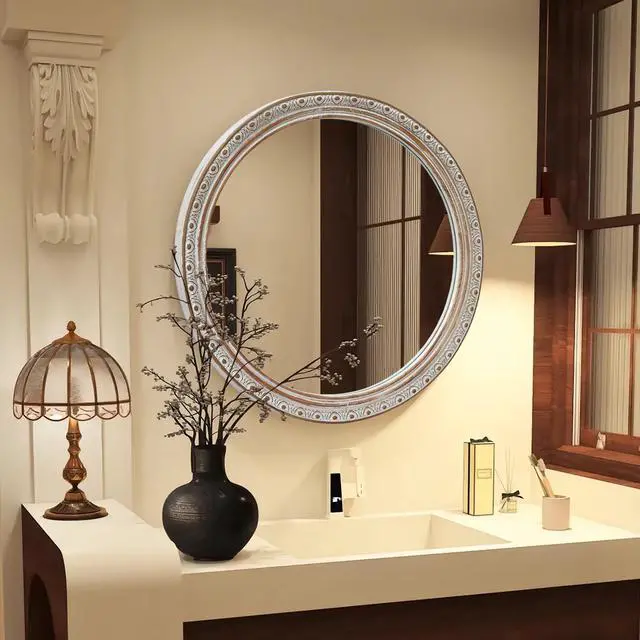 Alt view image 2 of 7 - Ornate Round Wall Mirror (23.62" x 23.62") - Distressed Silver-Gold Carved Frame, Decorative Hanging Mirror for Bathroom, Bedroom, Entryway & Living Room