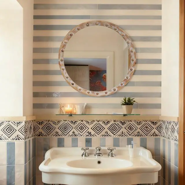 Alt view image 2 of 7 - Vintage Rustic Round Wall Mirror (23.62" x 23.62") - Distressed Wood Frame with Rivet Detail, Decorative Hanging Mirror for Bathroom, Bedroom, Entryway