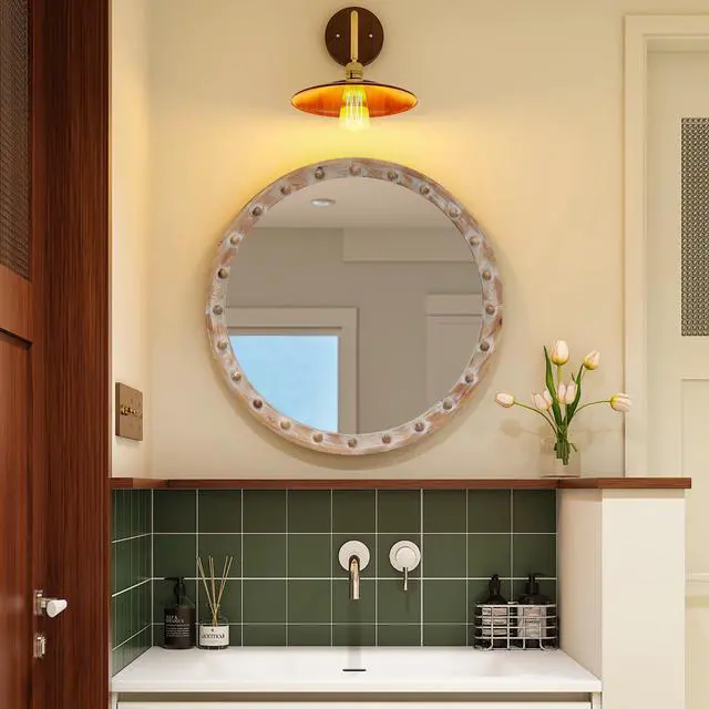Main image of Vintage Rustic Round Wall Mirror (23.62" x 23.62") - Distressed Wood Frame with Rivet Detail, Decorative Hanging Mirror for Bathroom, Bedroom, Entryway