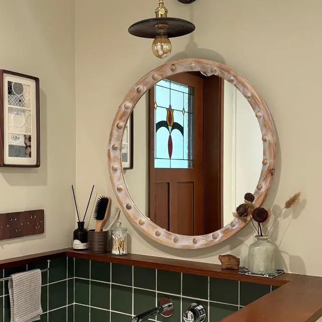 Alt view image 4 of 7 - Vintage Rustic Round Wall Mirror (23.62" x 23.62") - Distressed Wood Frame with Rivet Detail, Decorative Hanging Mirror for Bathroom, Bedroom, Entryway